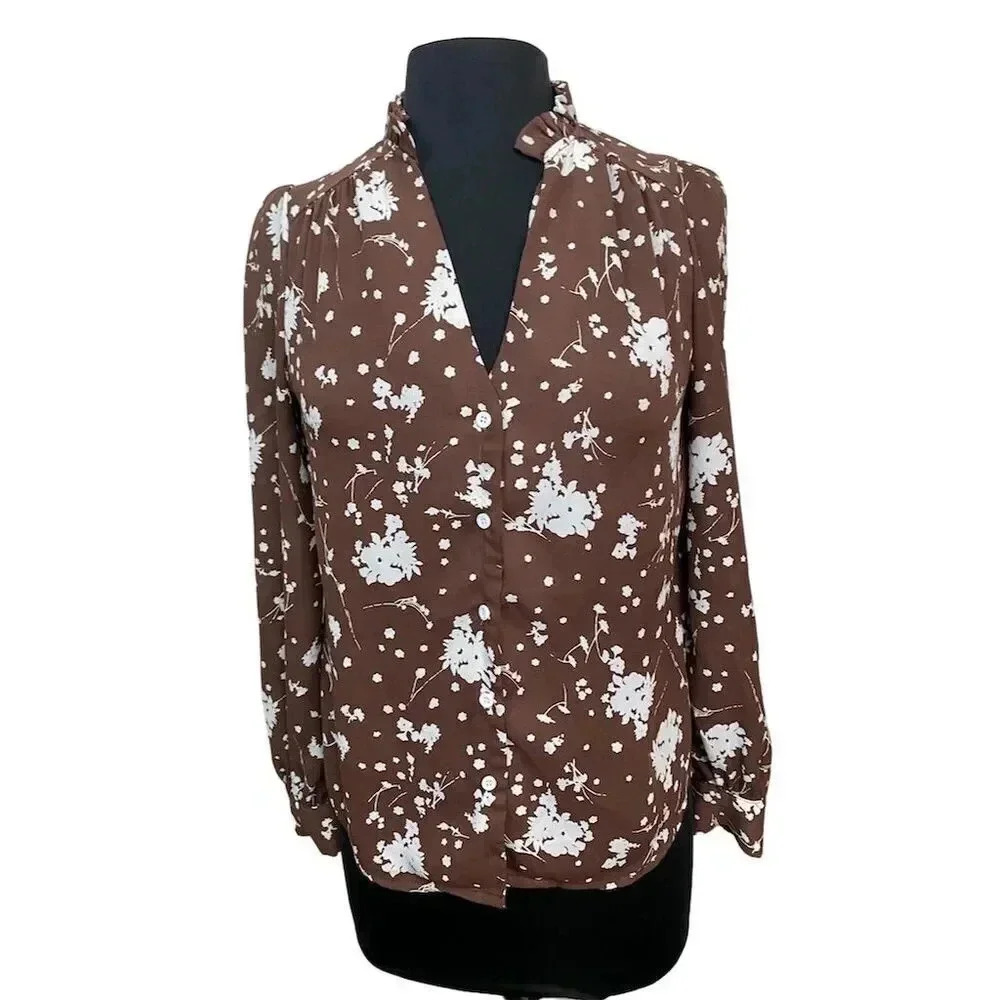 Bohme Women's XS Floral Button-Up Blouse Brown V-Neck Long Sleeve 1737